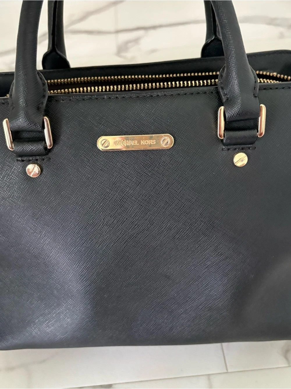 Michael Kors Black Saffiano Double-Handle Satchel with Gold Hardware